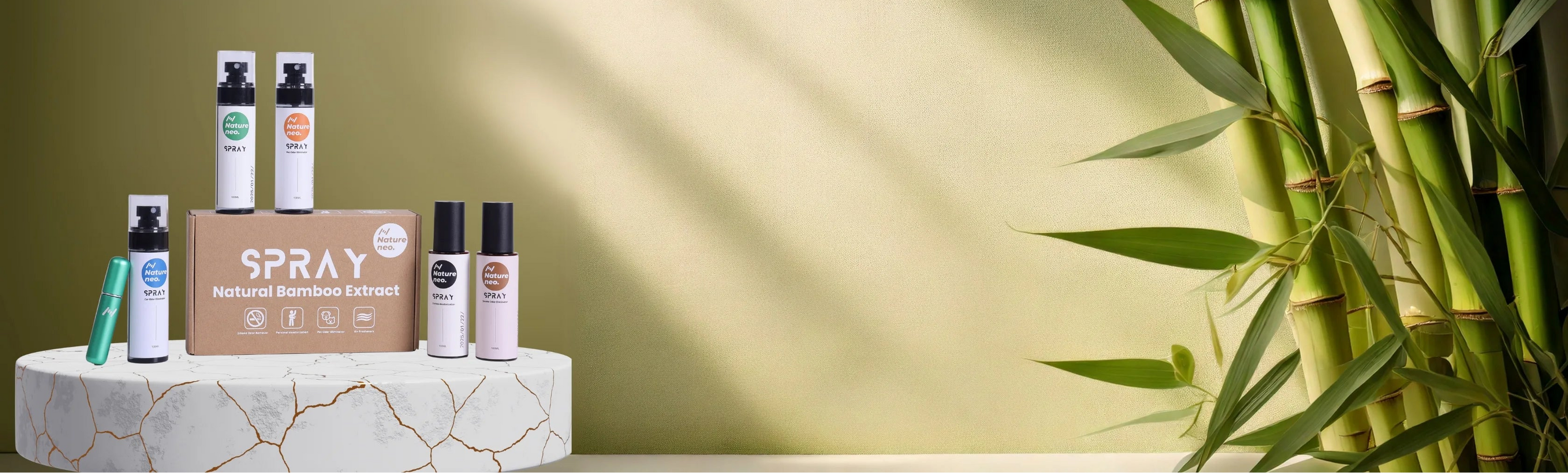 Natureneo plant-based deodorizing products displayed in a natural bamboo setting for a fresh lifestyle.