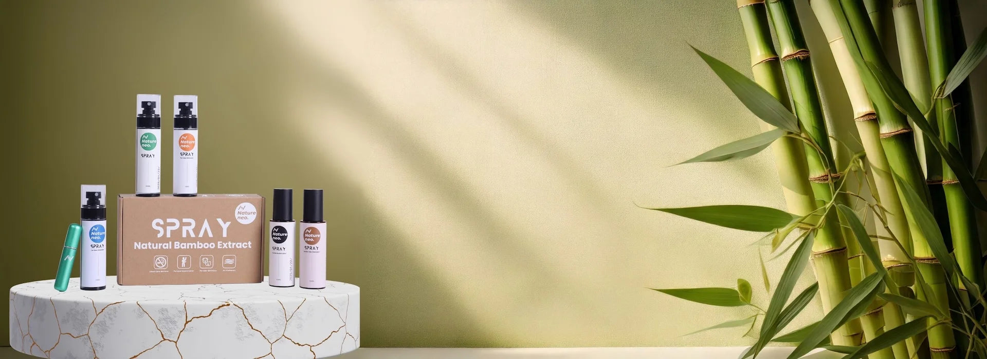 Natureneo plant-based deodorizing products displayed in a natural bamboo setting for a fresh lifestyle.
