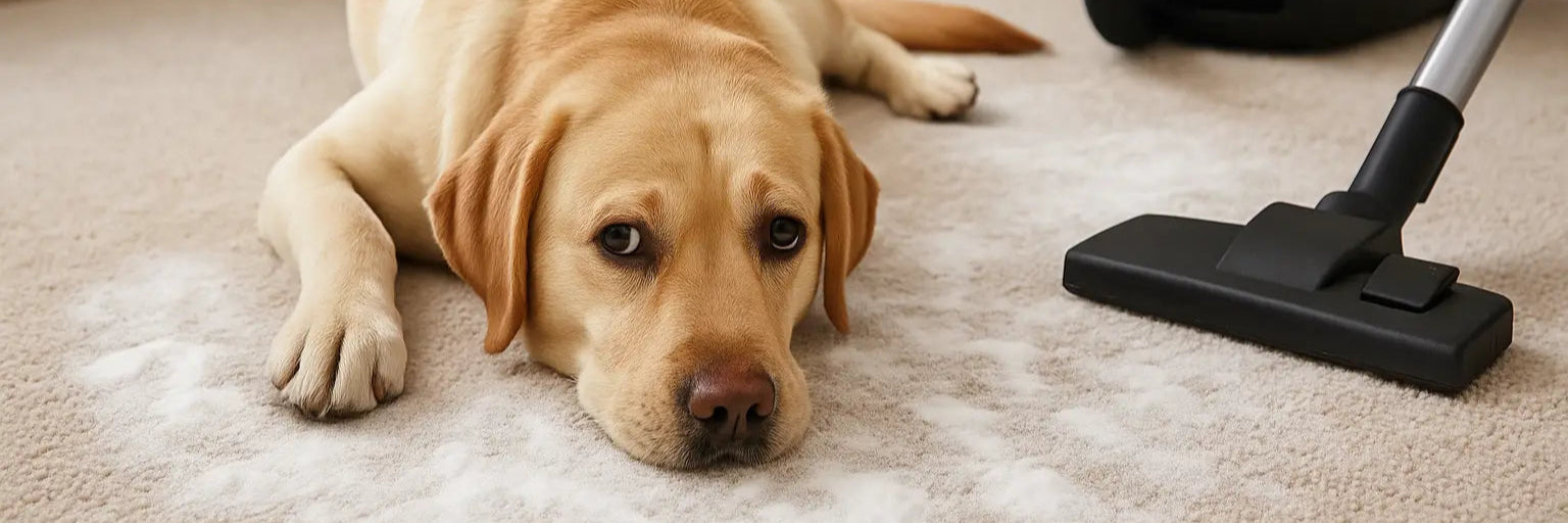 Dog lying on carpet sprinkled with baking soda for odor removal